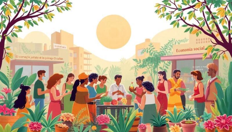 Imagen que ilustra la economía social con gráficos y personas colaborando en un entorno comunitario.