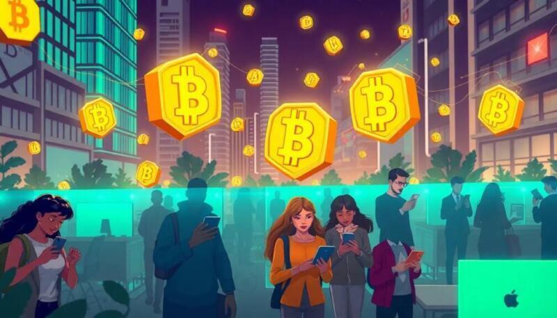 Seguridad y descentralización en Bitcoin: usuarios conectados y símbolos BTC en red digital